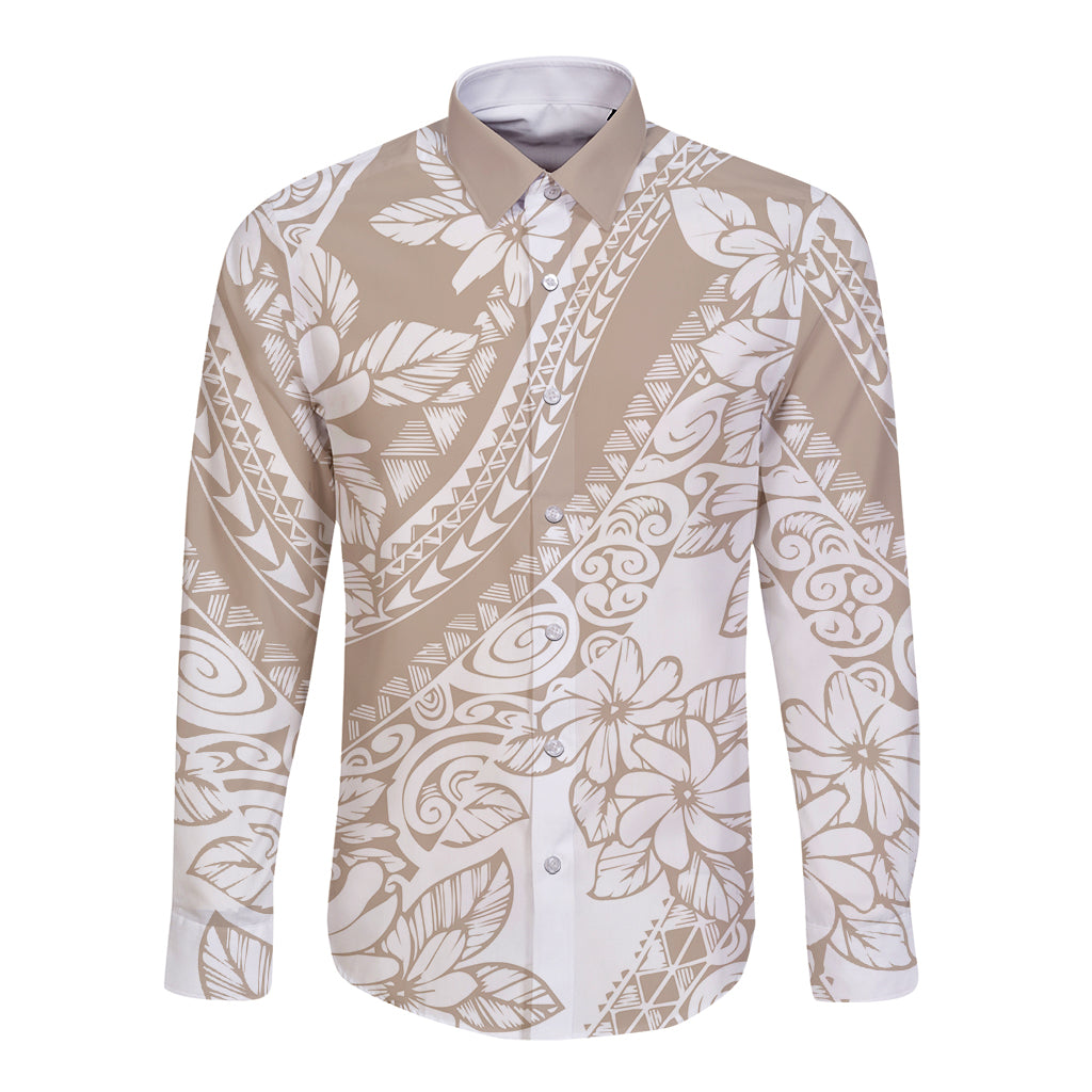Polynesia Long Sleeve Button Shirt Polynesian Tropical Flowers Beige Pastel Vibes LT14 Unisex Beige - Polynesian Pride
