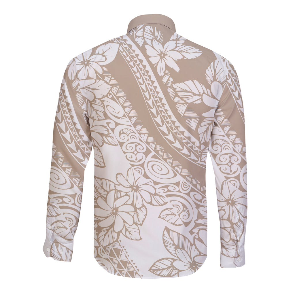 Polynesia Long Sleeve Button Shirt Polynesian Tropical Flowers Beige Pastel Vibes LT14 - Polynesian Pride