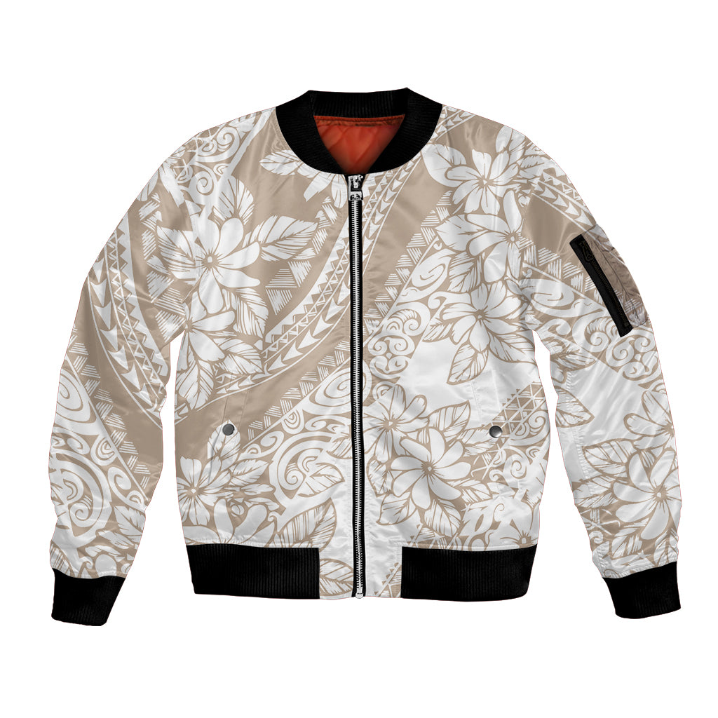 Polynesia Sleeve Zip Bomber Jacket Polynesian Tropical Flowers Beige Pastel Vibes LT14 Unisex Beige - Polynesian Pride