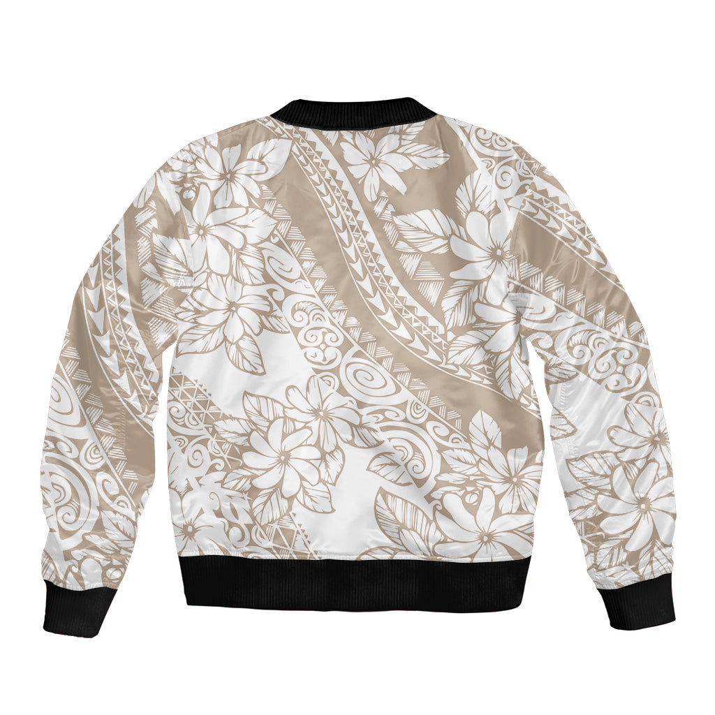 Polynesia Sleeve Zip Bomber Jacket Polynesian Tropical Flowers Beige Pastel Vibes LT14 - Polynesian Pride