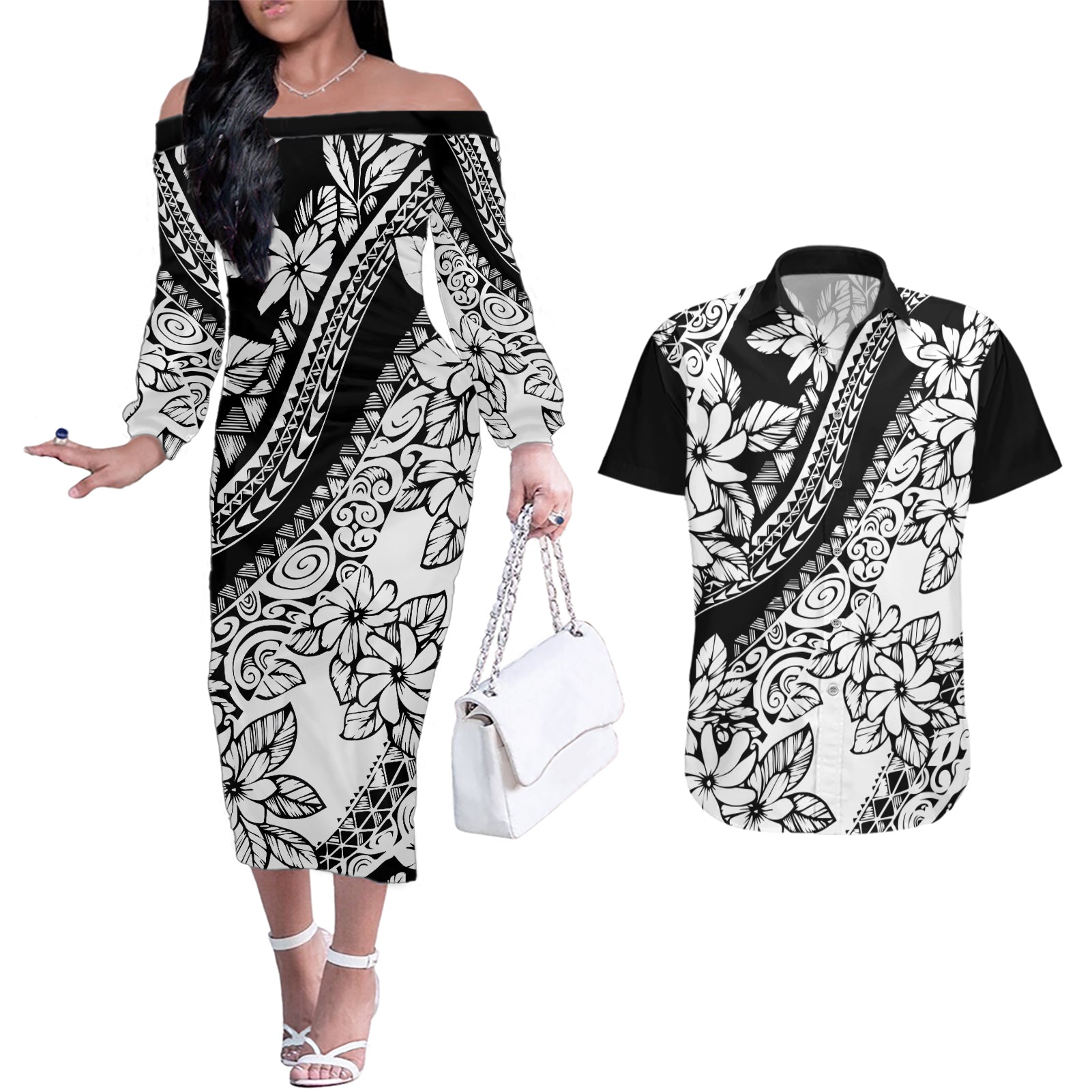 polynesia-couples-matching-off-the-shoulder-long-sleeve-dress-and-hawaiian-shirt-polynesian-tropical-flowers-black-pastel-vibes