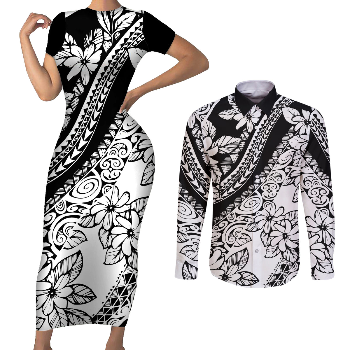 polynesia-couples-matching-short-sleeve-bodycon-dress-and-long-sleeve-button-shirts-polynesian-tropical-flowers-black-pastel-vibes