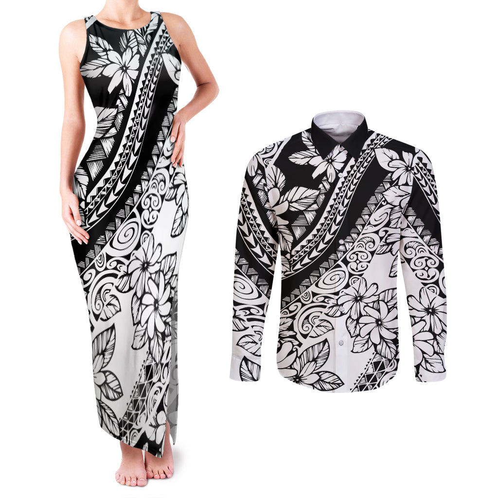 Polynesia Couples Matching Tank Maxi Dress and Long Sleeve Button Shirts Polynesian Tropical Flowers Black Pastel Vibes LT14 Black - Polynesian Pride