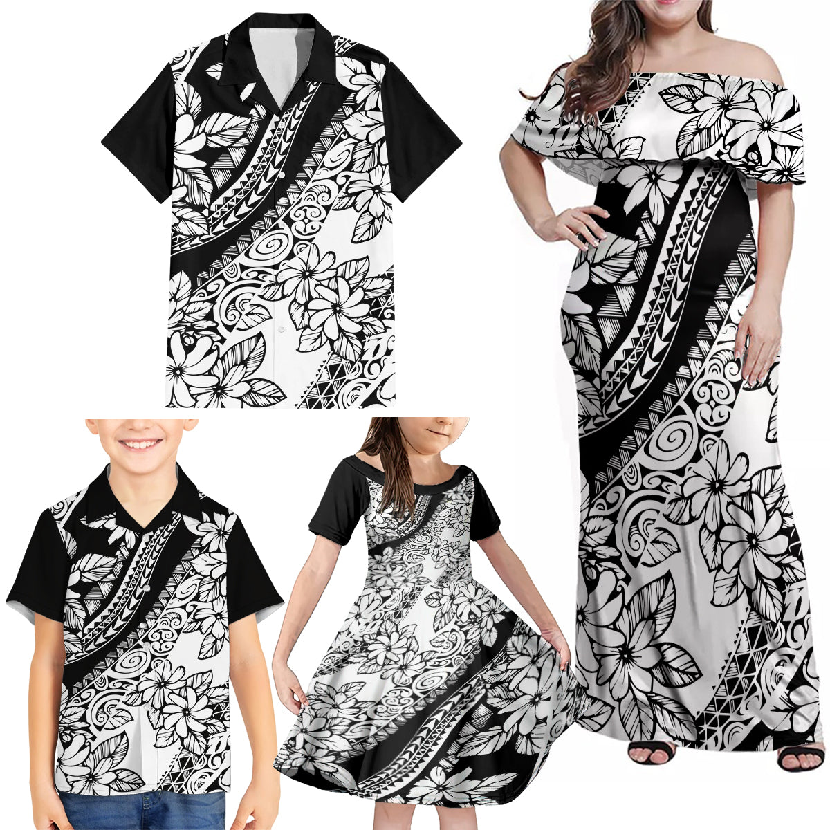 Polynesia Family Matching Off Shoulder Maxi Dress and Hawaiian Shirt Polynesian Tropical Flowers Black Pastel Vibes LT14 - Polynesian Pride