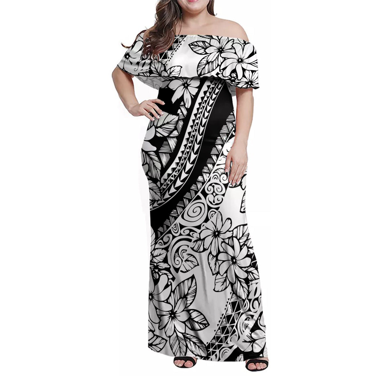 Polynesia Family Matching Off Shoulder Maxi Dress and Hawaiian Shirt Polynesian Tropical Flowers Black Pastel Vibes LT14 Mom's Dress Black - Polynesian Pride
