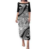 Polynesia Family Matching Puletasi Dress and Hawaiian Shirt Polynesian Tropical Flowers Black Pastel Vibes LT14 Mom's Dress Black - Polynesian Pride