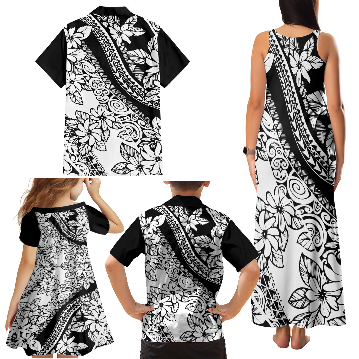 Polynesia Family Matching Tank Maxi Dress and Hawaiian Shirt Polynesian Tropical Flowers Black Pastel Vibes LT14 - Polynesian Pride