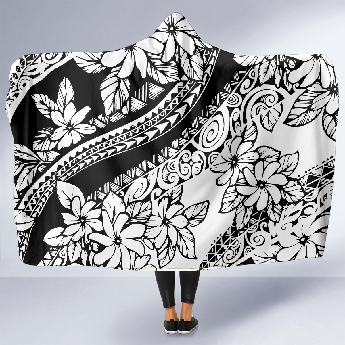 Polynesia Hooded Blanket Polynesian Tropical Flowers Black Pastel Vibes LT14 - Polynesian Pride