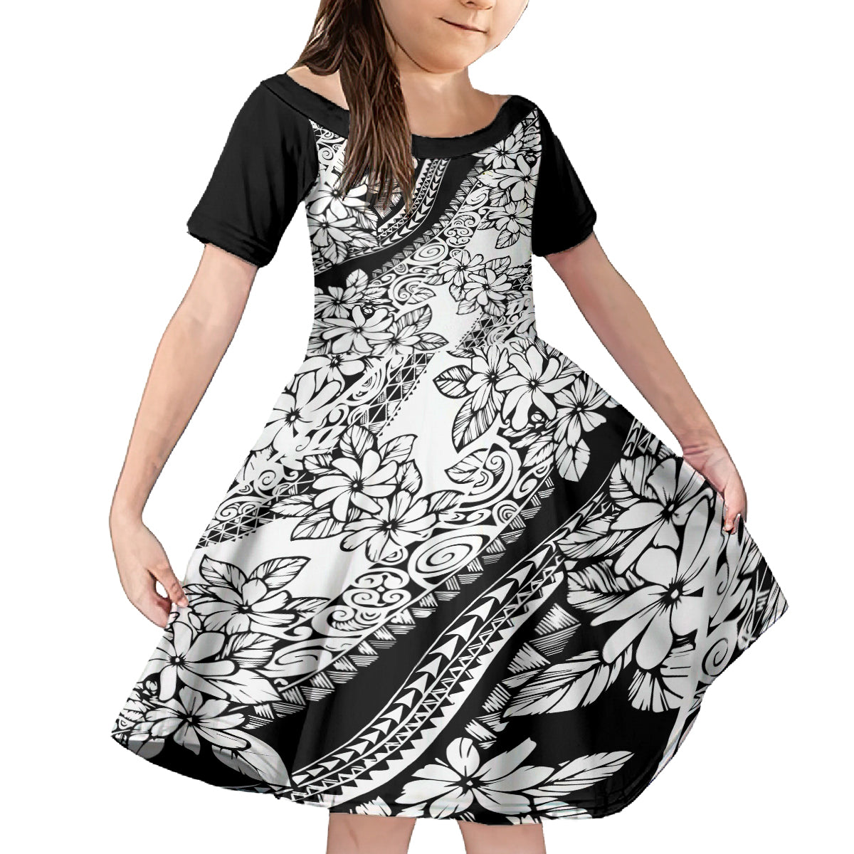 polynesia-kid-short-sleeve-dress-polynesian-tropical-flowers-black-pastel-vibes