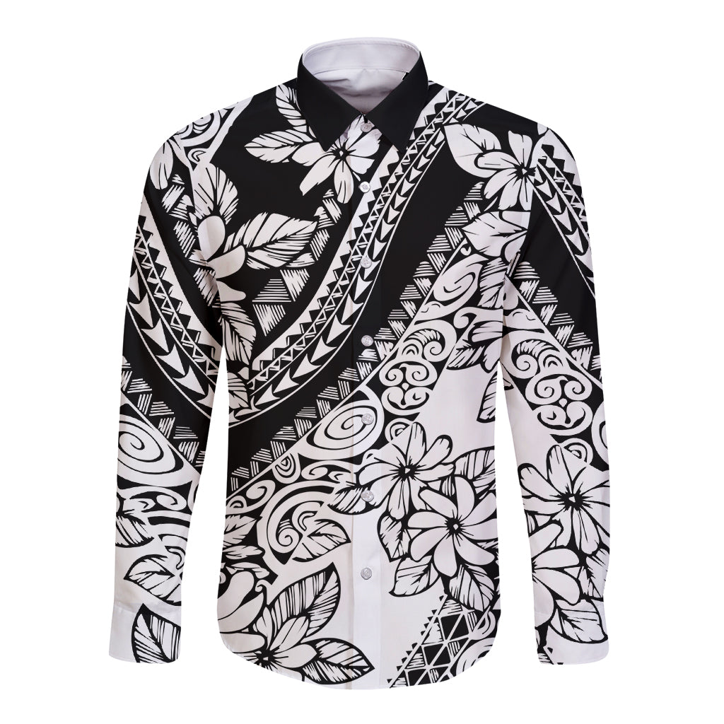 polynesia-long-sleeve-button-shirt-polynesian-tropical-flowers-black-pastel-vibes