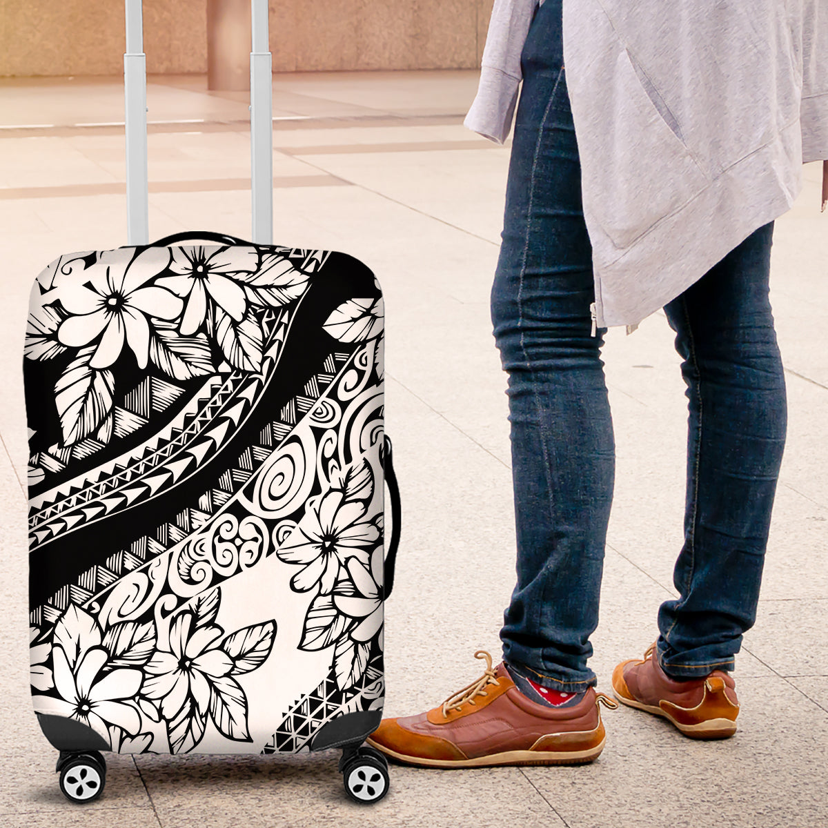 Polynesia Luggage Cover Polynesian Tropical Flowers Black Pastel Vibes LT14 Black - Polynesian Pride