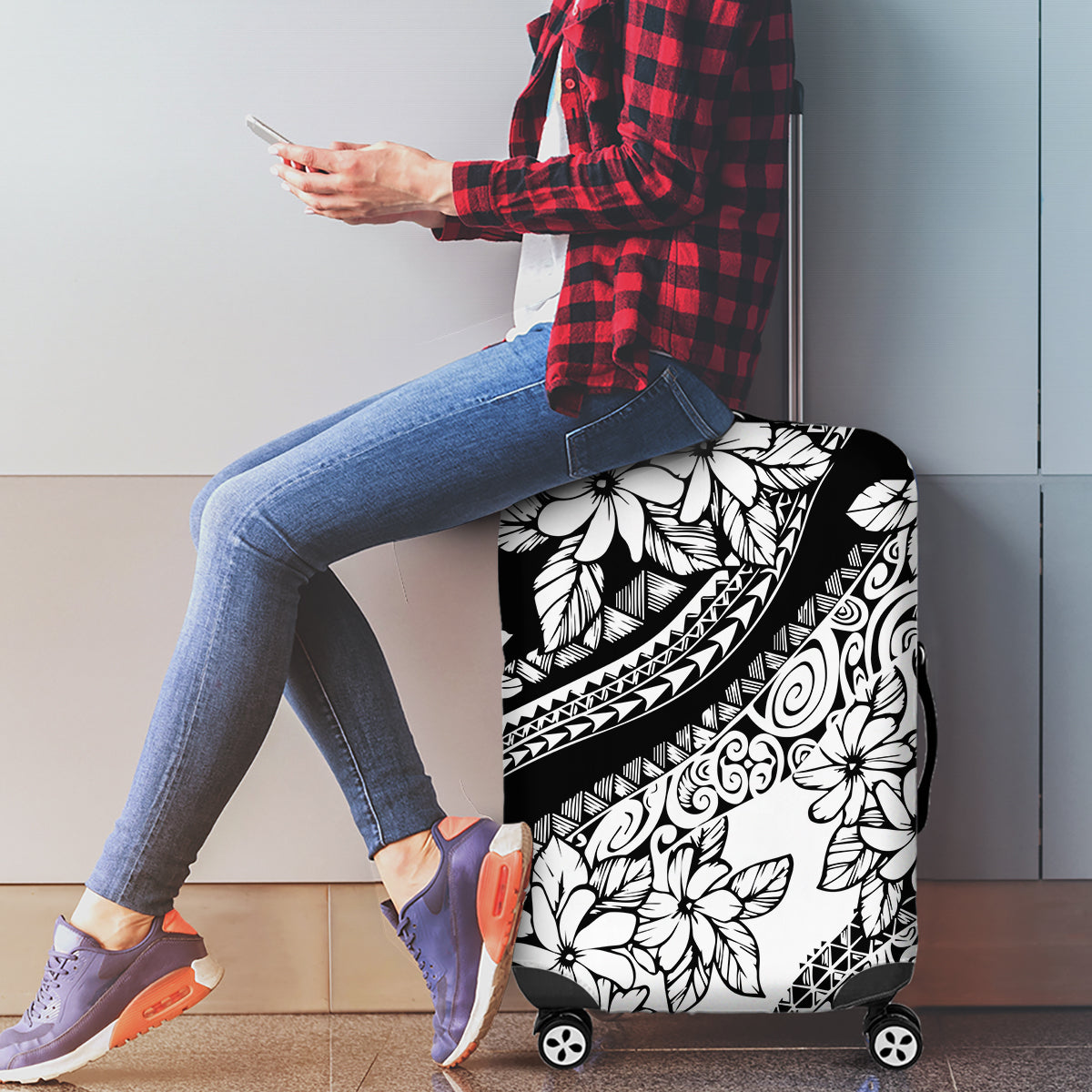 Polynesia Luggage Cover Polynesian Tropical Flowers Black Pastel Vibes LT14 - Polynesian Pride