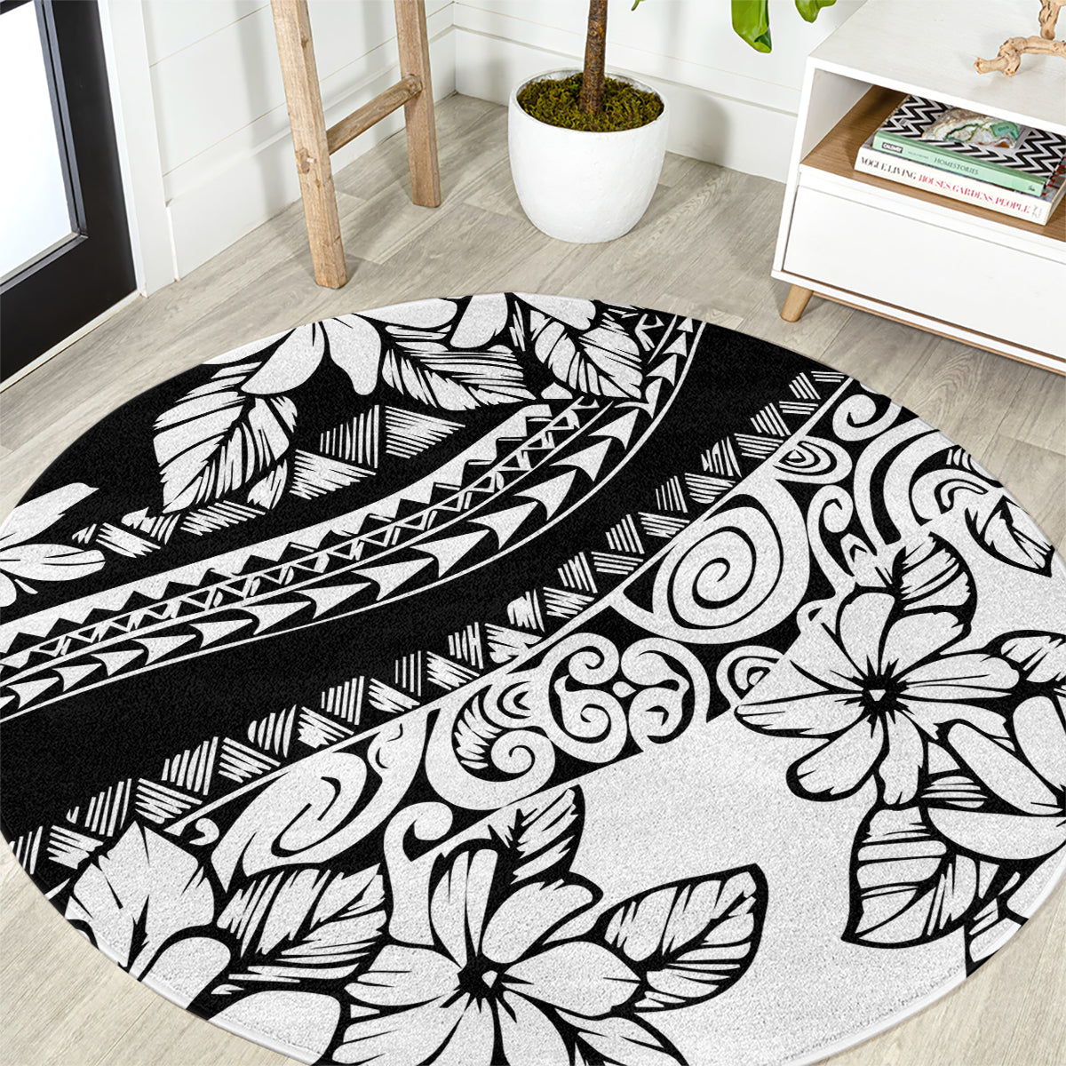 Polynesia Round Carpet Polynesian Tropical Flowers Black Pastel Vibes LT14 Black - Polynesian Pride