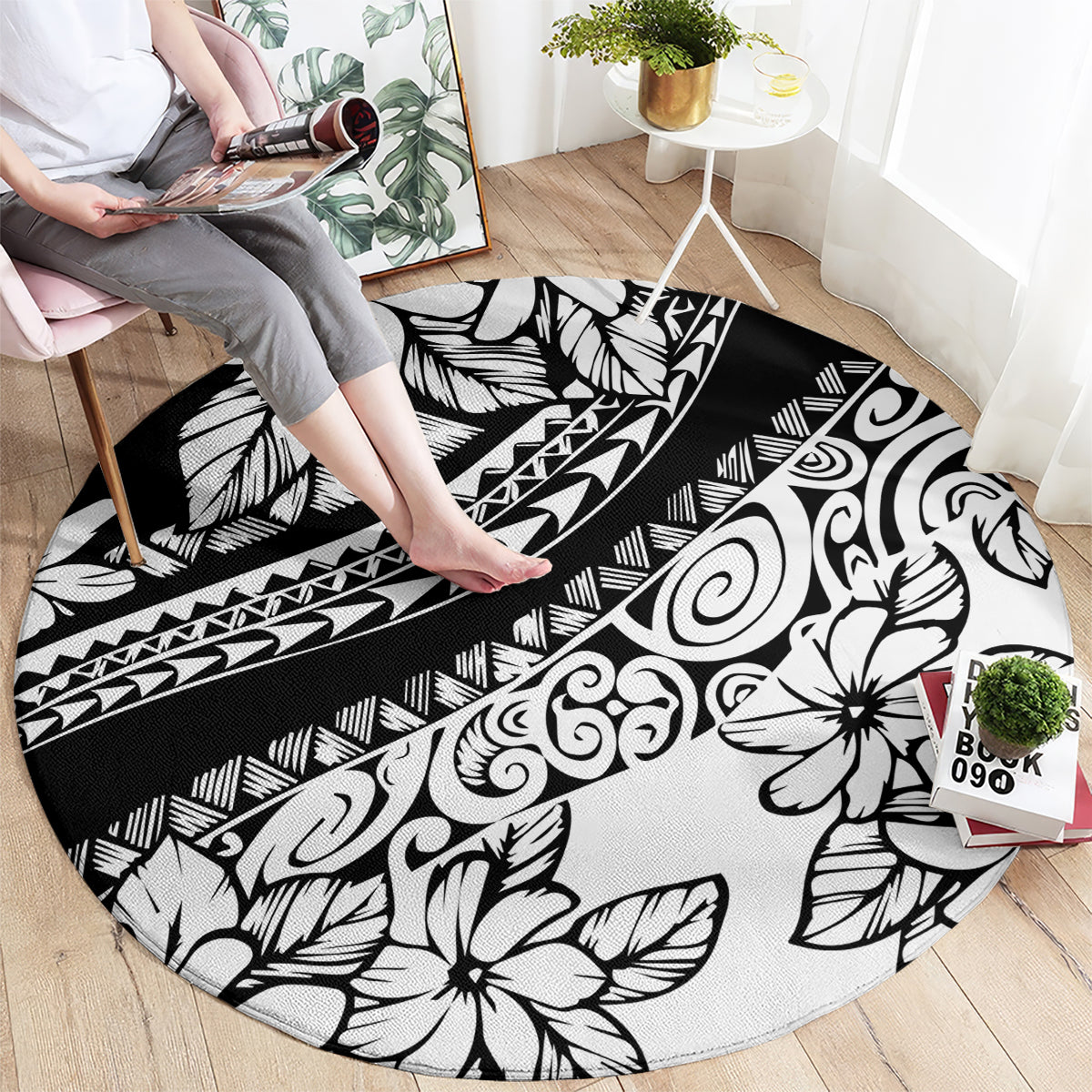 Polynesia Round Carpet Polynesian Tropical Flowers Black Pastel Vibes LT14 - Polynesian Pride