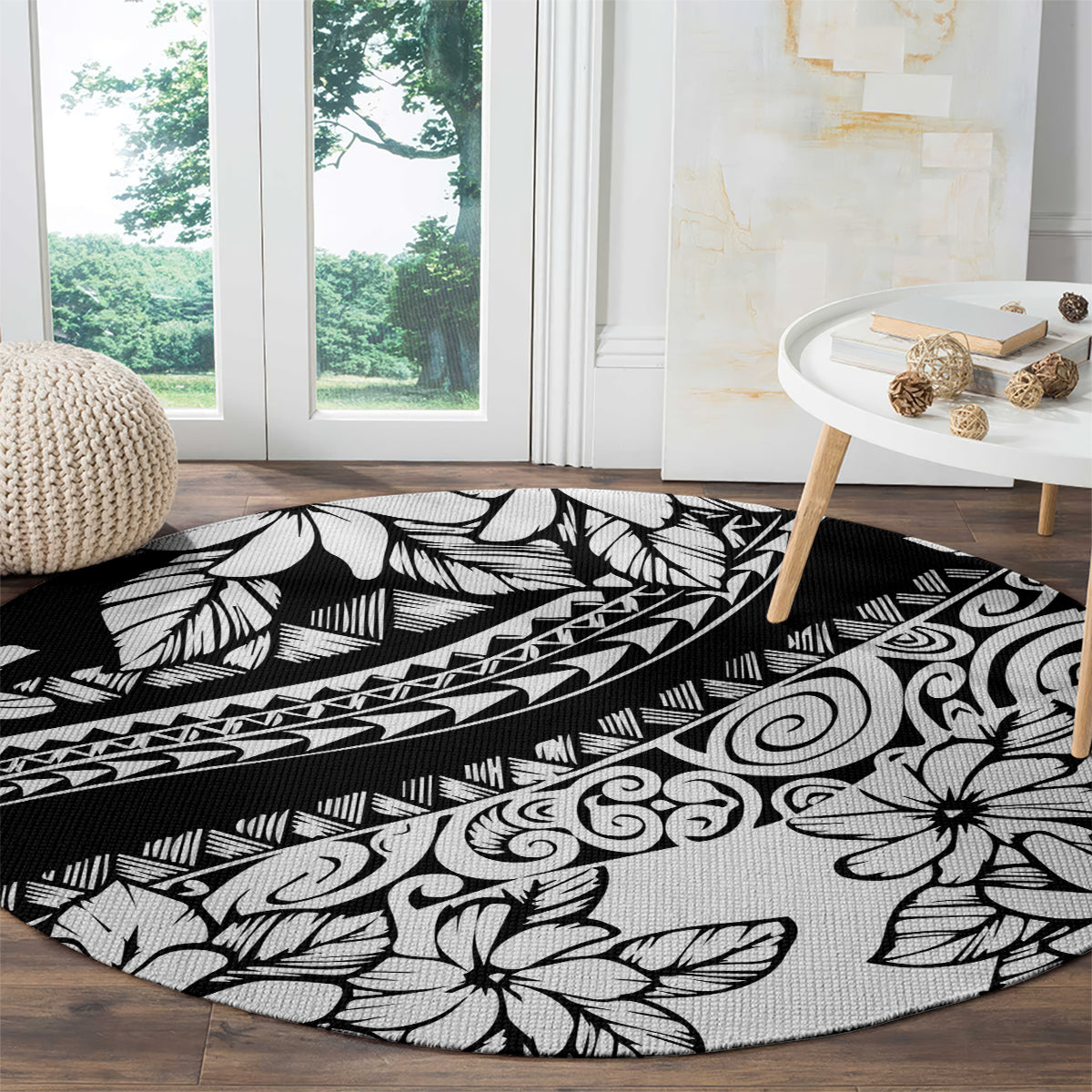 Polynesia Round Carpet Polynesian Tropical Flowers Black Pastel Vibes LT14 - Polynesian Pride