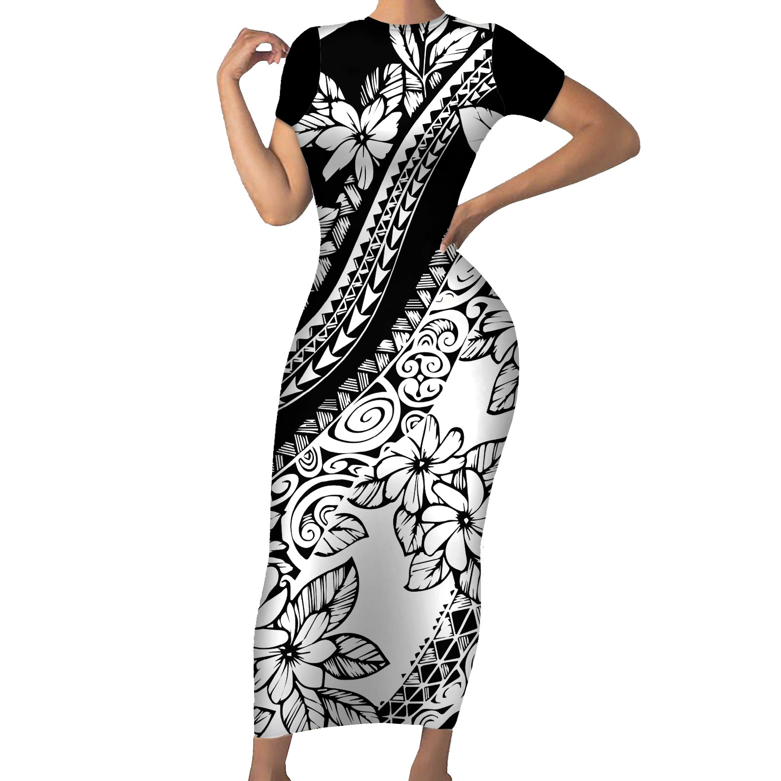 polynesia-short-sleeve-bodycon-dress-polynesian-tropical-flowers-black-pastel-vibes