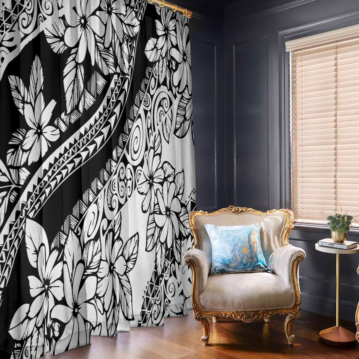 Polynesia Window Curtain Polynesian Tropical Flowers Black Pastel Vibes LT14 With Hooks Black - Polynesian Pride