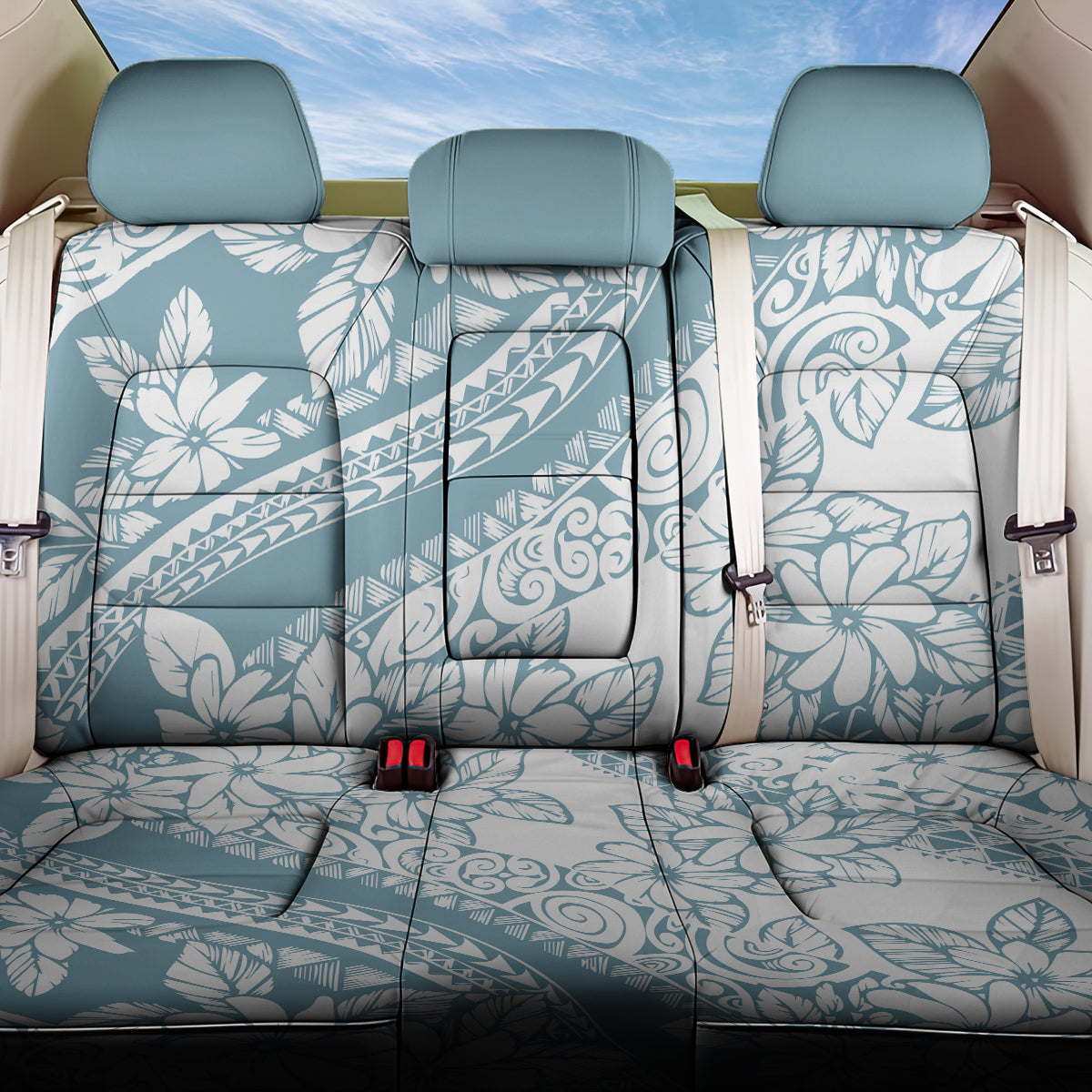 Polynesia Back Car Seat Cover Polynesian Tropical Flowers Blue Pastel Vibes