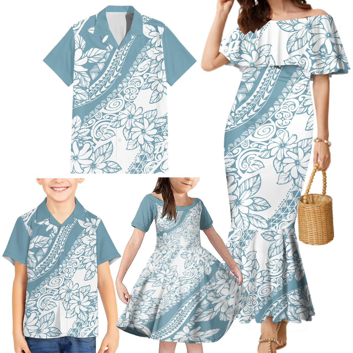 Polynesia Family Matching Mermaid Dress and Hawaiian Shirt Polynesian Tropical Flowers Blue Pastel Vibes LT14 - Polynesian Pride