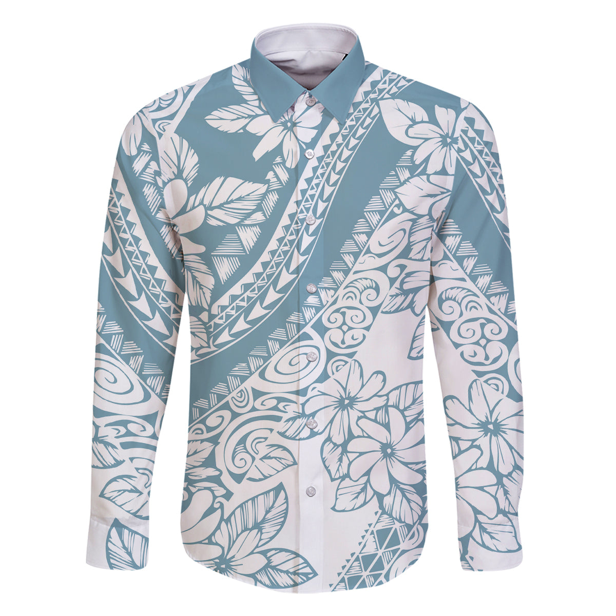 Polynesia Family Matching Mermaid Dress and Hawaiian Shirt Polynesian Tropical Flowers Blue Pastel Vibes LT14 Dad's Shirt - Long Sleeve Blue - Polynesian Pride