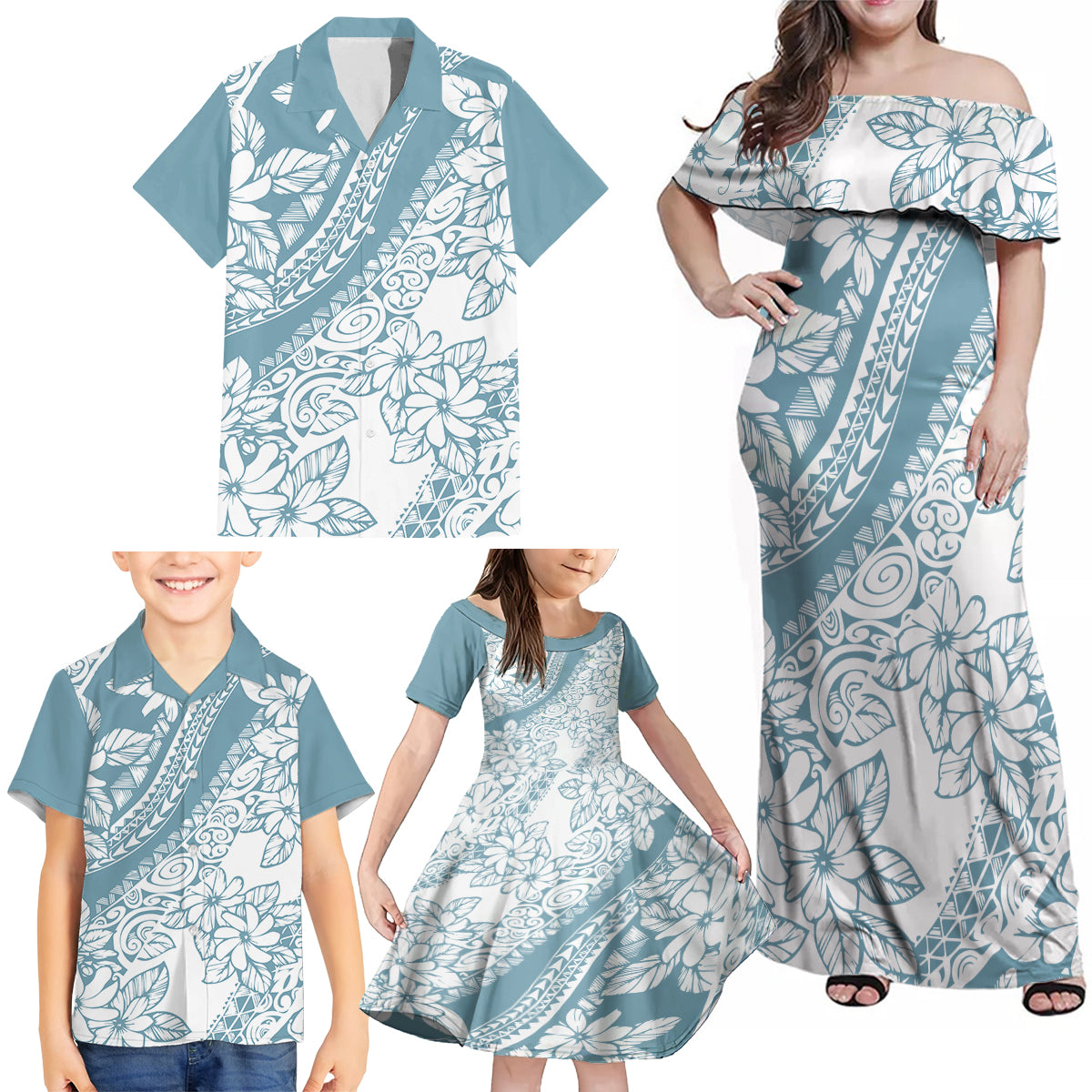 Polynesia Family Matching Off Shoulder Maxi Dress and Hawaiian Shirt Polynesian Tropical Flowers Blue Pastel Vibes LT14 - Polynesian Pride