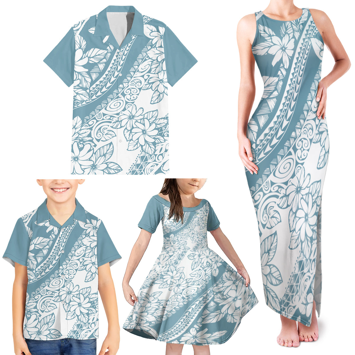 Polynesia Family Matching Tank Maxi Dress and Hawaiian Shirt Polynesian Tropical Flowers Blue Pastel Vibes LT14 - Polynesian Pride