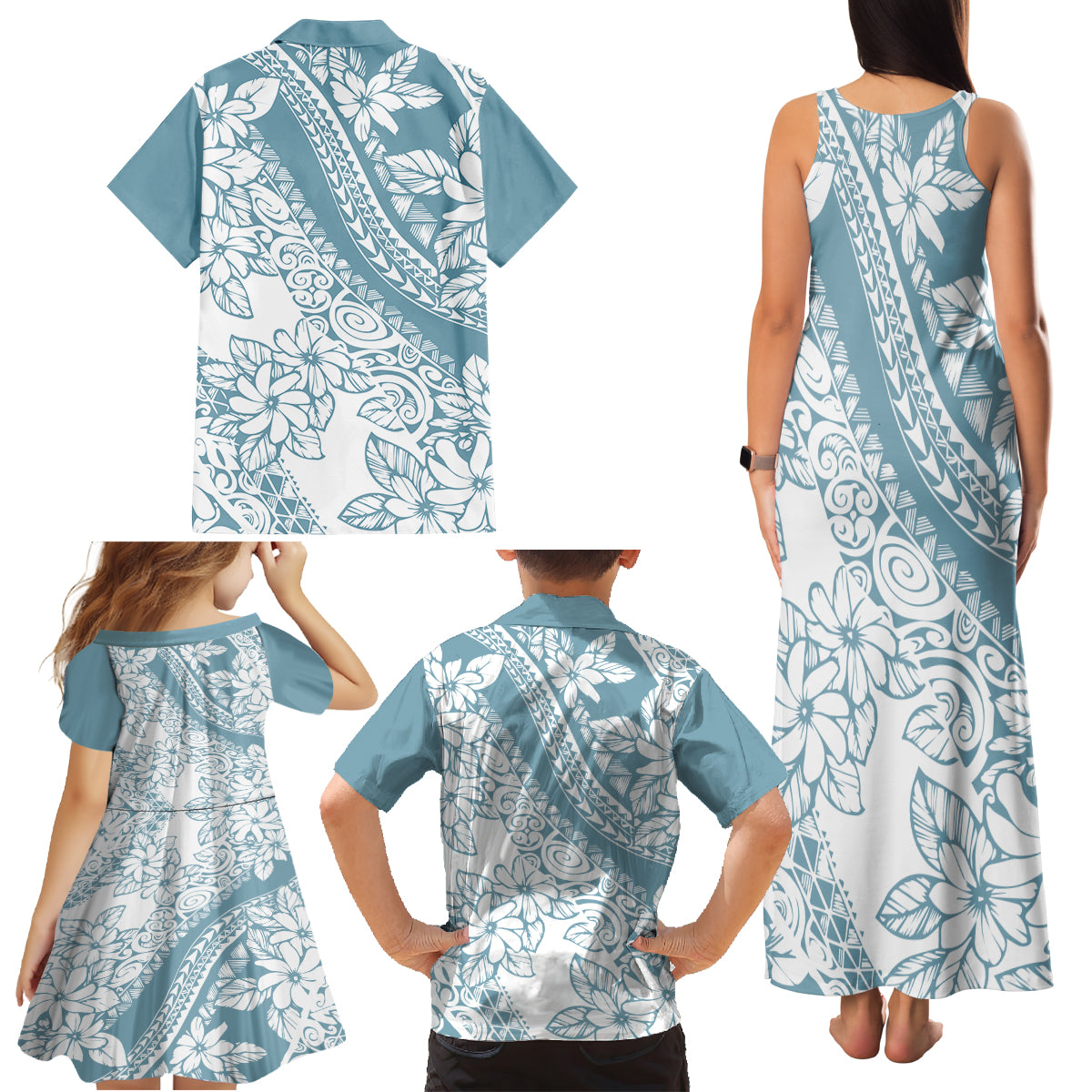 Polynesia Family Matching Tank Maxi Dress and Hawaiian Shirt Polynesian Tropical Flowers Blue Pastel Vibes LT14 - Polynesian Pride