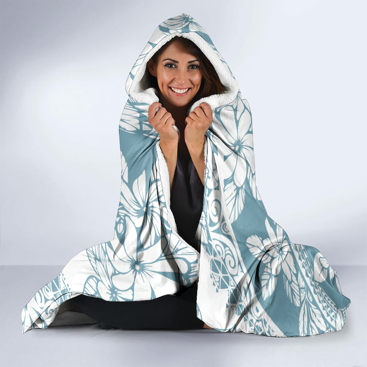 Polynesia Hooded Blanket Polynesian Tropical Flowers Blue Pastel Vibes LT14 - Polynesian Pride