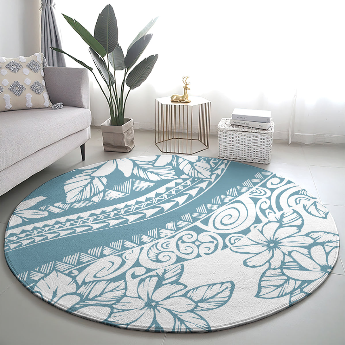Polynesia Round Carpet Polynesian Tropical Flowers Blue Pastel Vibes LT14 - Polynesian Pride