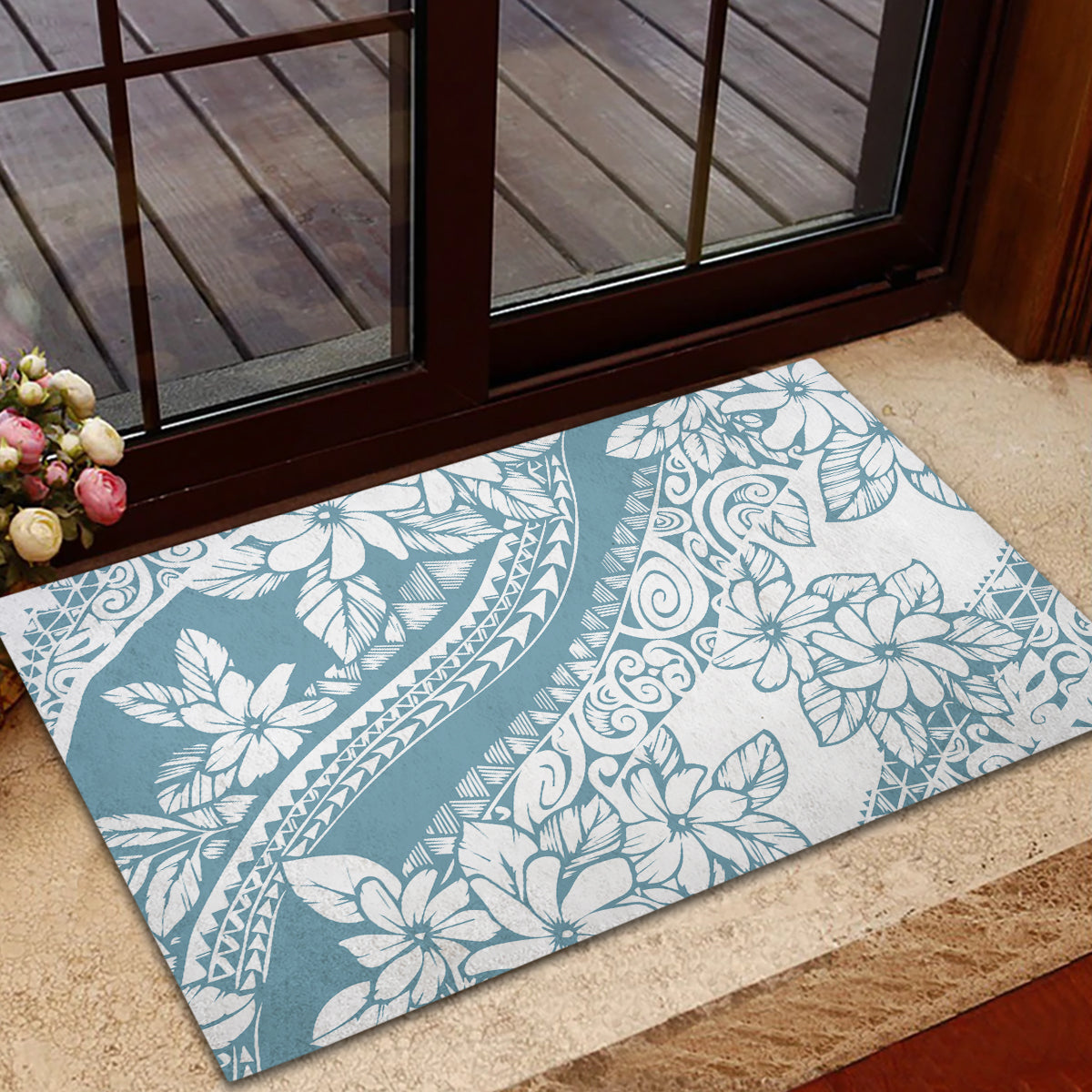 Polynesia Rubber Doormat Polynesian Tropical Flowers Blue Pastel Vibes LT14 - Polynesian Pride