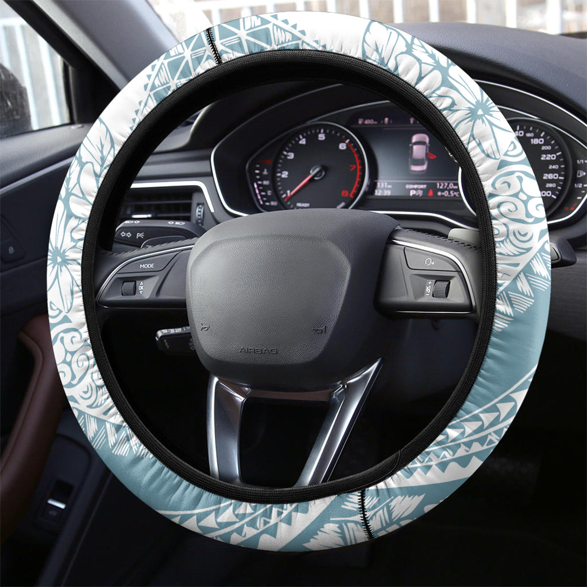 Polynesia Steering Wheel Cover Polynesian Tropical Flowers Blue Pastel Vibes