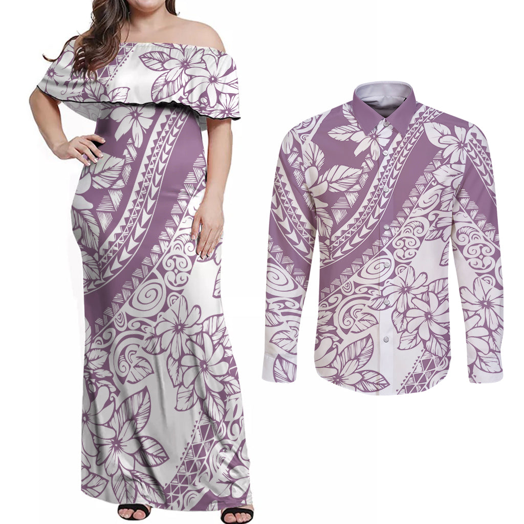 polynesia-couples-matching-off-shoulder-maxi-dress-and-long-sleeve-button-shirts-polynesian-tropical-flowers-purple-pastel-vibes