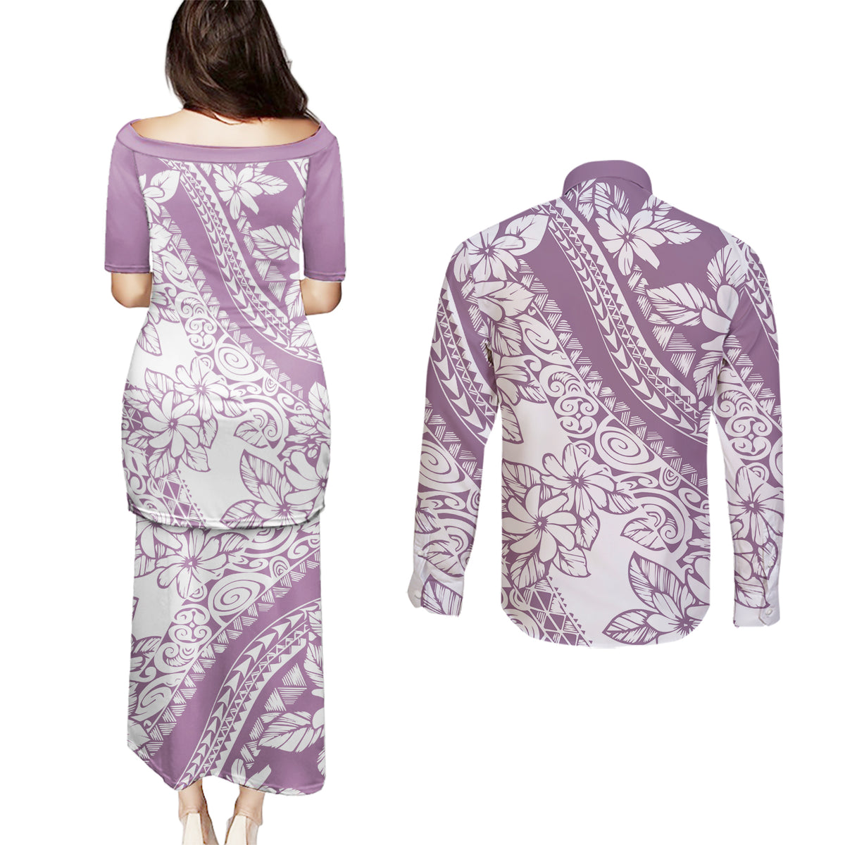 polynesia-couples-matching-puletasi-dress-and-long-sleeve-button-shirts-polynesian-tropical-flowers-purple-pastel-vibes