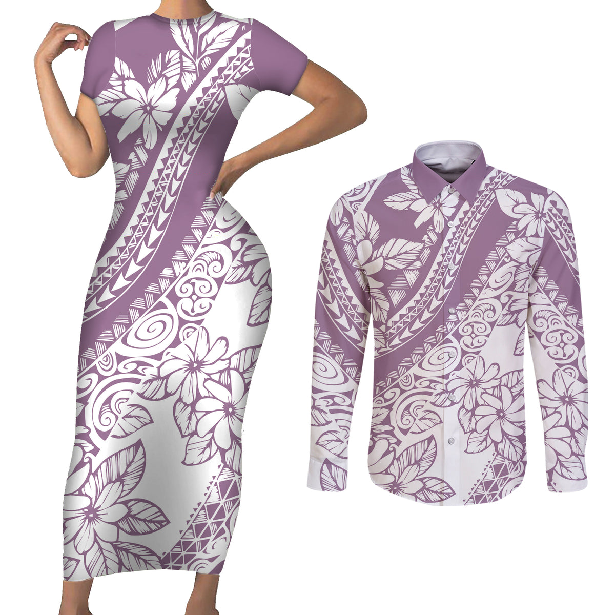 Polynesia Couples Matching Short Sleeve Bodycon Dress and Long Sleeve Button Shirts Polynesian Tropical Flowers Purple Pastel Vibes LT14 Purple - Polynesian Pride