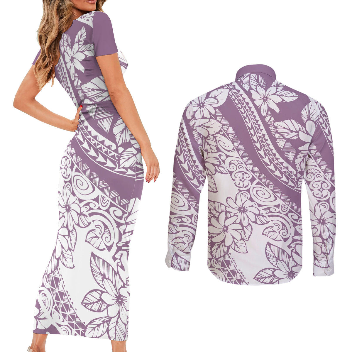 Polynesia Couples Matching Short Sleeve Bodycon Dress and Long Sleeve Button Shirts Polynesian Tropical Flowers Purple Pastel Vibes LT14 - Polynesian Pride