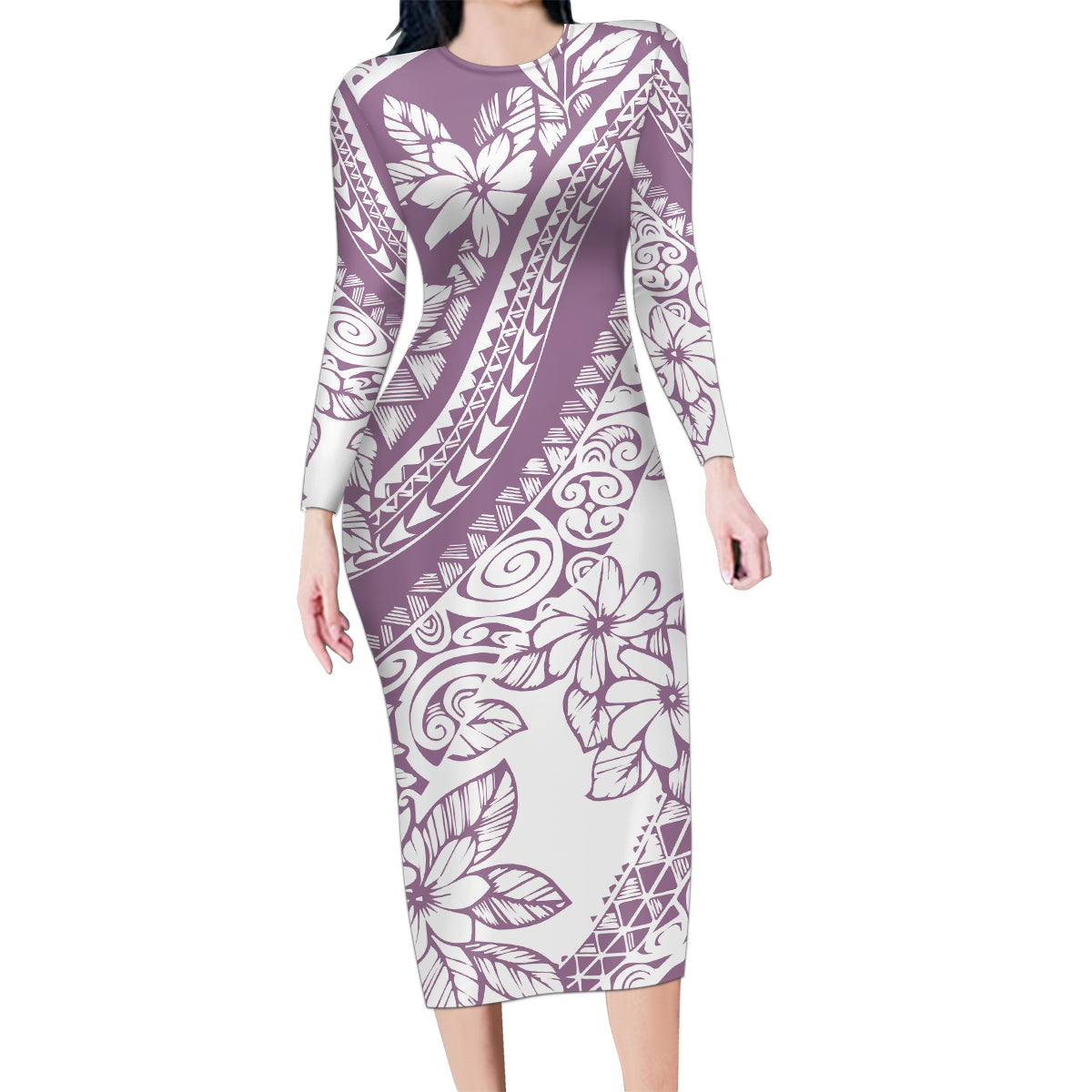 Polynesia Family Matching Long Sleeve Bodycon Dress and Hawaiian Shirt Polynesian Tropical Flowers Purple Pastel Vibes LT14 Mom's Dress Purple - Polynesian Pride