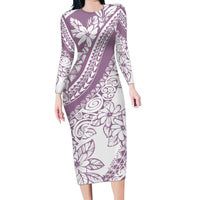 Polynesia Family Matching Long Sleeve Bodycon Dress and Hawaiian Shirt Polynesian Tropical Flowers Purple Pastel Vibes LT14 Mom's Dress Purple - Polynesian Pride