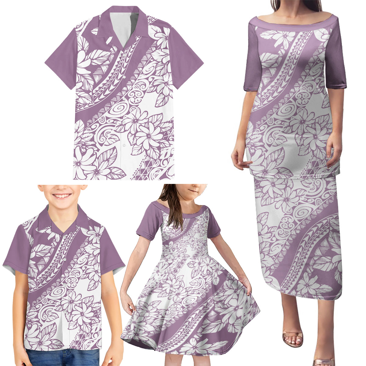 Polynesia Family Matching Puletasi Dress and Hawaiian Shirt Polynesian Tropical Flowers Purple Pastel Vibes LT14 - Polynesian Pride