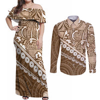 Beige Bula Fiji Couples Matching Off Shoulder Maxi Dress and Long Sleeve Button Shirt Fijian Language Week Tapa Cloth - Pastel