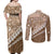 Beige Bula Fiji Couples Matching Off Shoulder Maxi Dress and Long Sleeve Button Shirt Fijian Language Week Tapa Cloth - Pastel