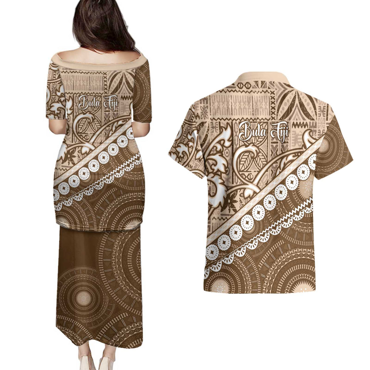 Beige Bula Fiji Couples Matching Puletasi and Hawaiian Shirt Fijian Language Week Tapa Cloth - Pastel