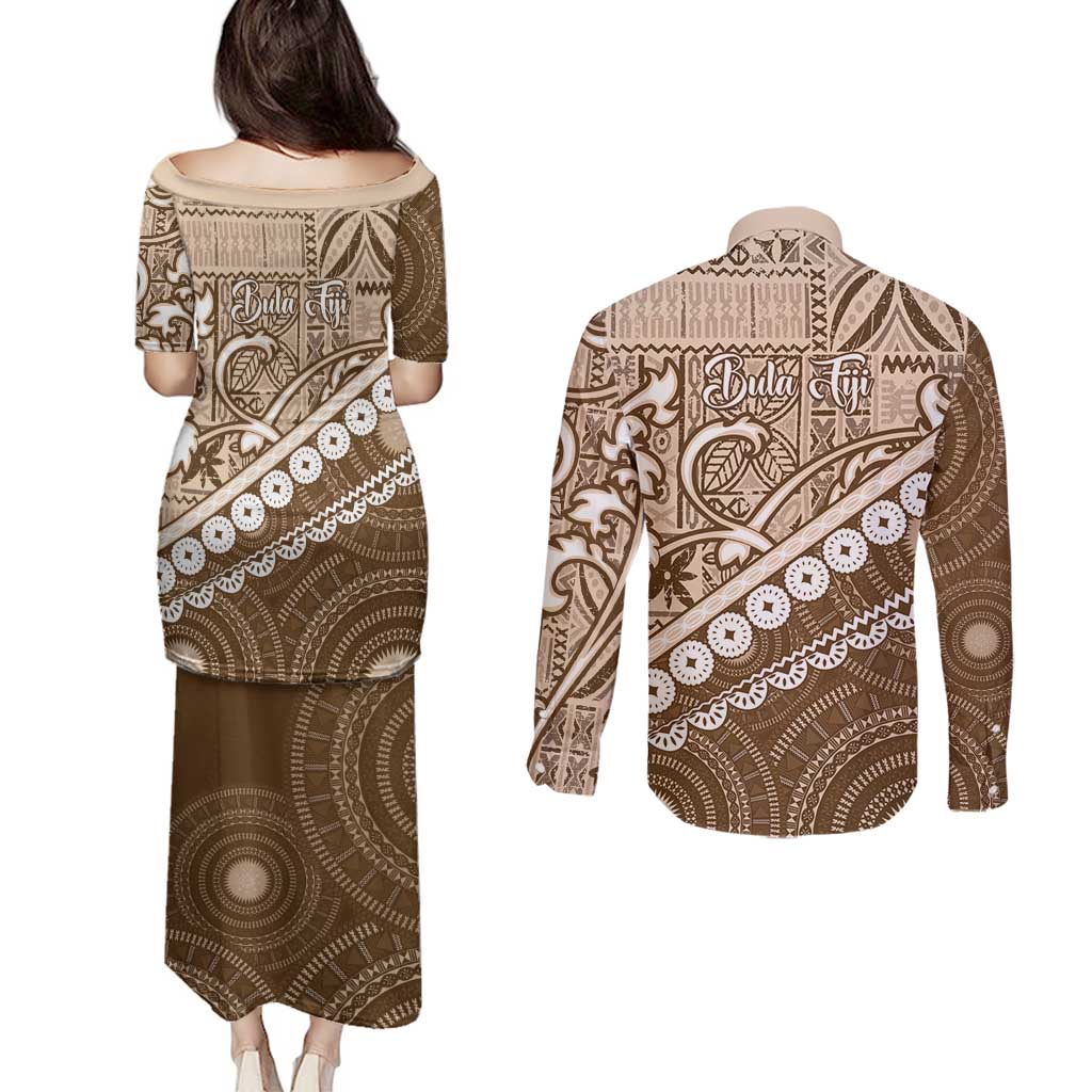 Beige Bula Fiji Couples Matching Puletasi and Long Sleeve Button Shirt Fijian Language Week Tapa Cloth - Pastel