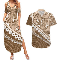 Beige Bula Fiji Couples Matching Summer Maxi Dress and Hawaiian Shirt Fijian Language Week Tapa Cloth - Pastel