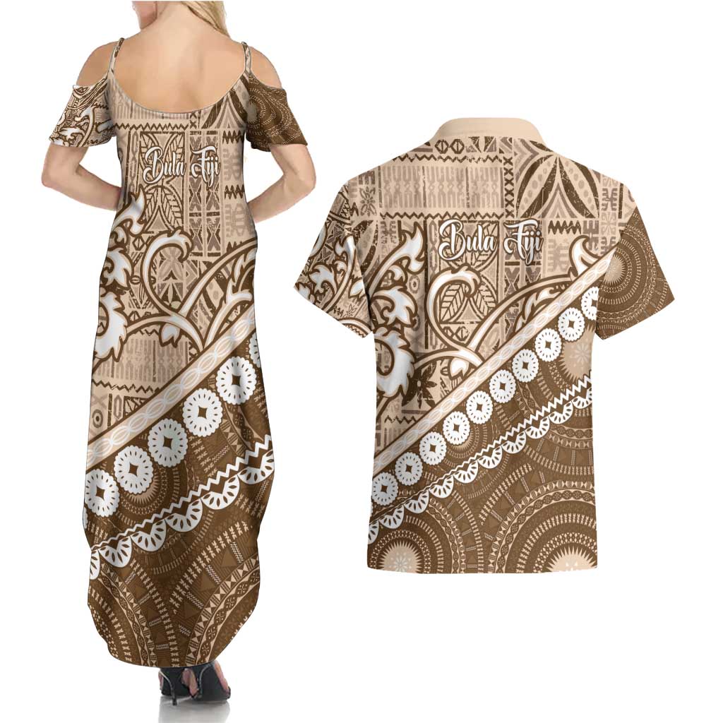 Beige Bula Fiji Couples Matching Summer Maxi Dress and Hawaiian Shirt Fijian Language Week Tapa Cloth - Pastel