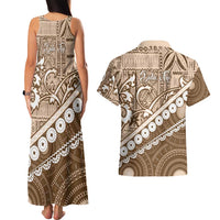 Beige Bula Fiji Couples Matching Tank Maxi Dress and Hawaiian Shirt Fijian Language Week Tapa Cloth - Pastel