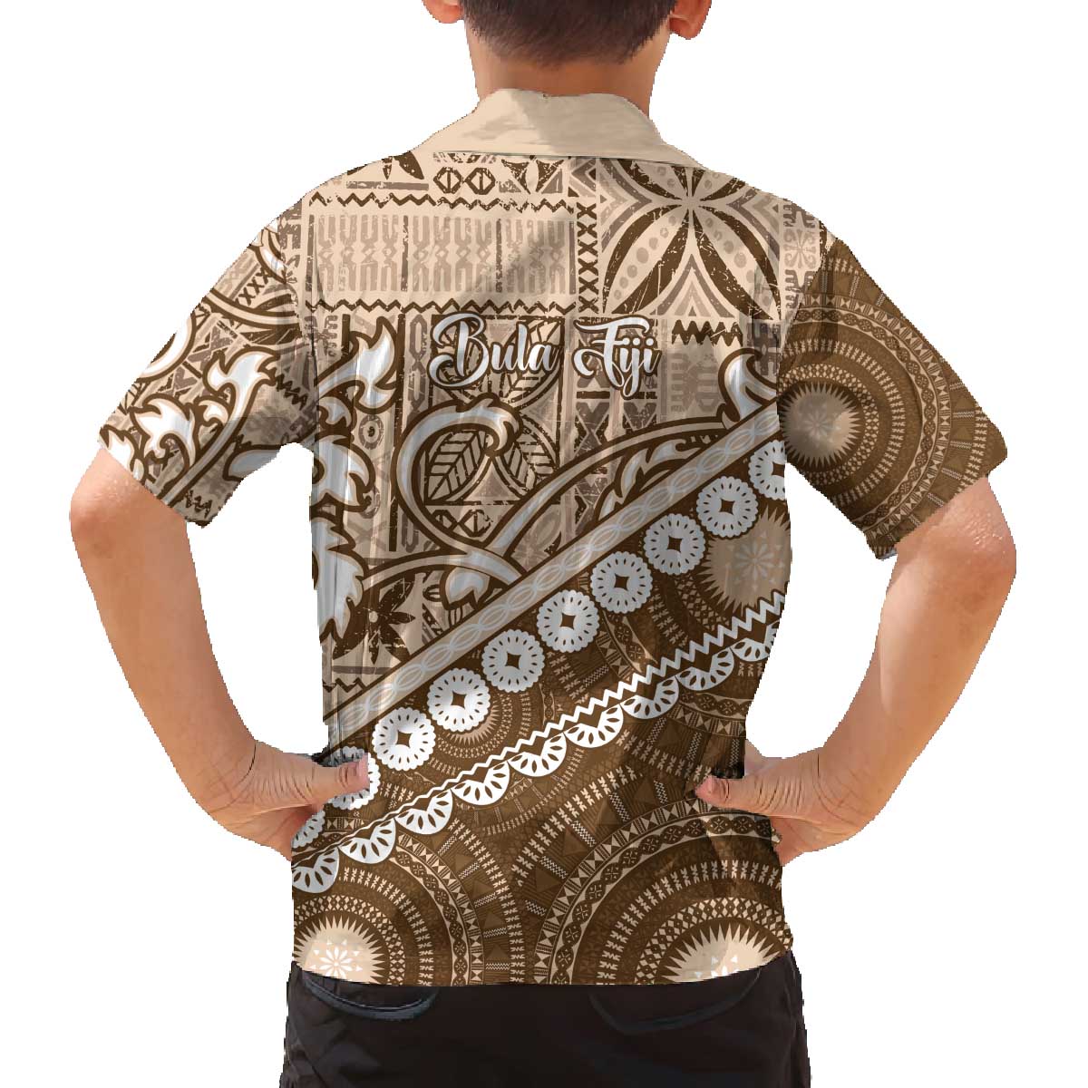 Beige Bula Fiji Family Matching Off The Shoulder Long Sleeve Dress and Hawaiian Shirt Fijian Language Week Tapa Cloth - Pastel