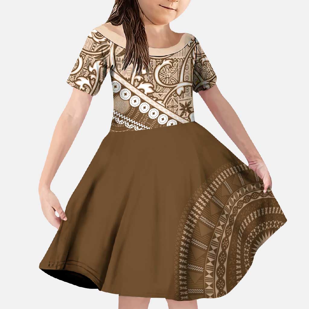 Beige Bula Fiji Family Matching Off Shoulder Maxi Dress and Hawaiian Shirt Fijian Language Week Tapa Cloth - Pastel