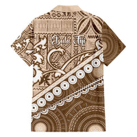 Beige Bula Fiji Family Matching Off Shoulder Short Dress and Hawaiian Shirt Fijian Language Week Tapa Cloth - Pastel