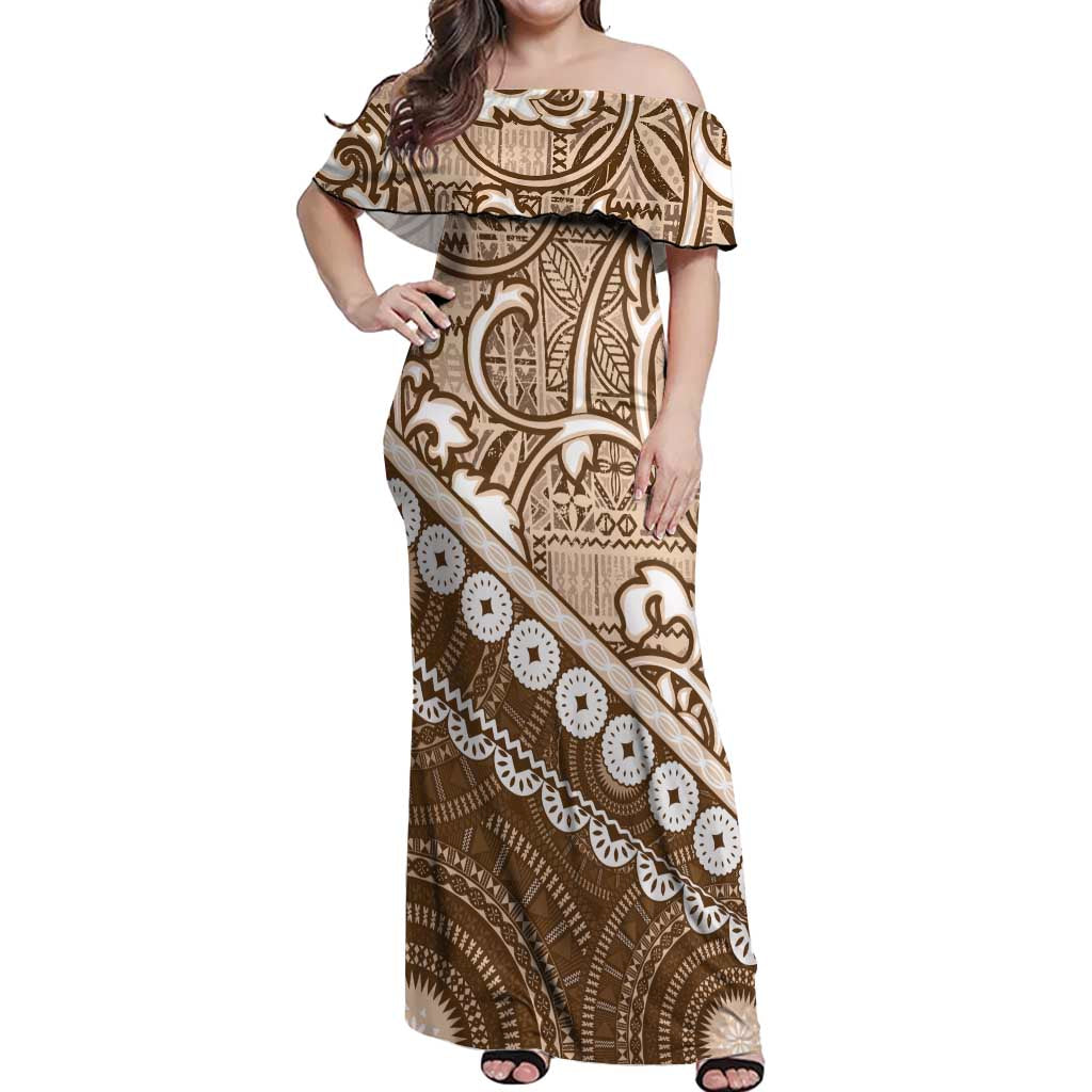 Beige Bula Fiji Off Shoulder Maxi Dress Fijian Language Week Tapa Cloth - Pastel