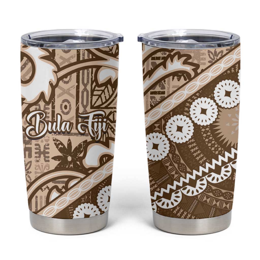 Beige Bula Fiji Tumbler Cup Fijian Language Week Tapa Cloth - Pastel